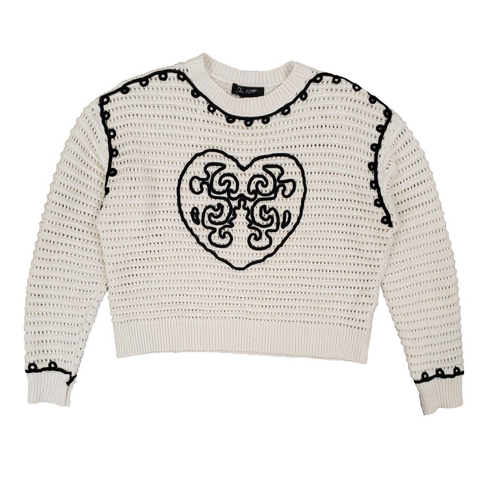 On 12th Open Knit Heart Wool Blend Sweater Semi Crop Crochet Trim S Boho Preppy